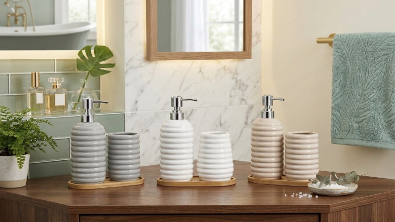  2-Piece Ribbed Ceramic Bathroom Set with Bamboo Tray – Grey, White & Beige 