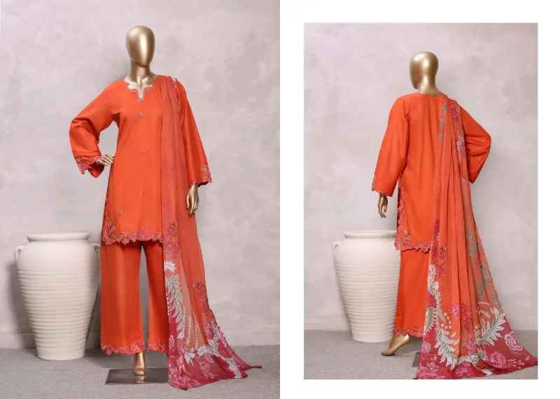 Pakistani Original Sadabahar Eclair Embroidered Lawn Stitched 3 Piece Suit _ Rust