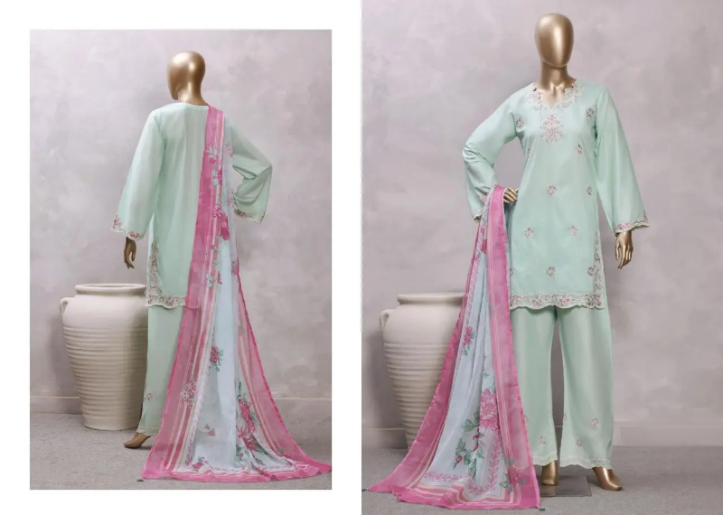 Pakistani Original Sadabahar Eclair Embroidered Lawn Stitched 3 Piece Suit _ Mint 