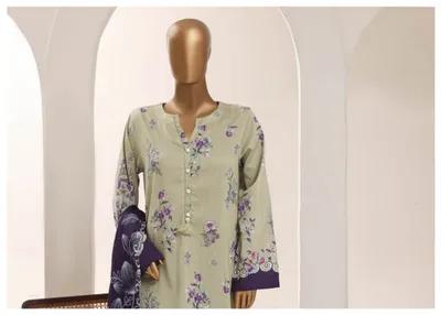 Pakistani Original Sadabahar Printed Lawn Stitched 3Pcs _ Light Olive Green