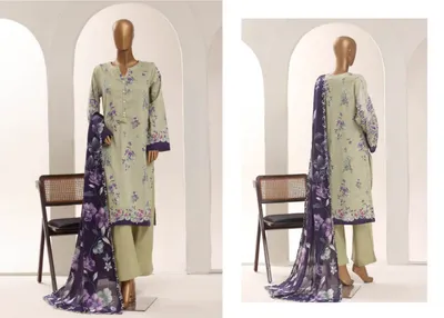 Pakistani Original Sadabahar Printed Lawn Stitched 3Pcs _ Light Olive Green