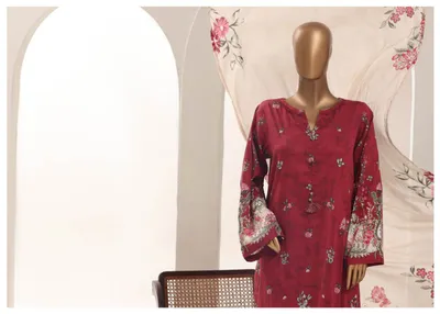 Pakistani Original Sadabahar Printed Lawn Stitched 3Pcs _ Maroon_