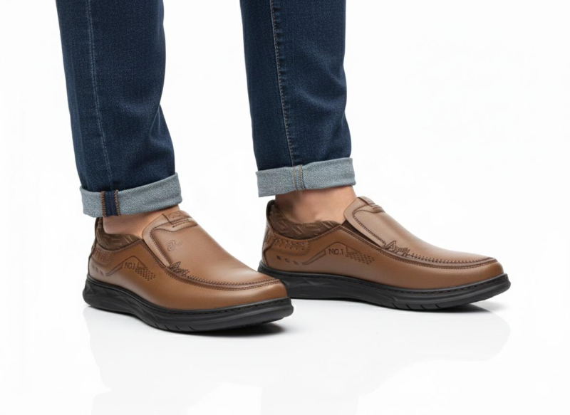 Brown Leather Slip-On Shoes Perforated Design 