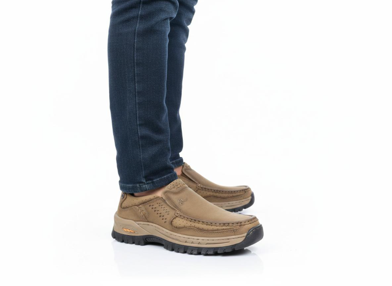 Brown Men Leather Slip-On Casual Shoes — Rugged Outdoor Design 