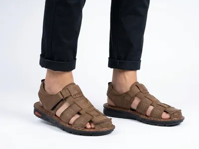 Men's Leather Fisherman Sandals – Nubuck Upper, Velcro Strap, Cushioned Sole
