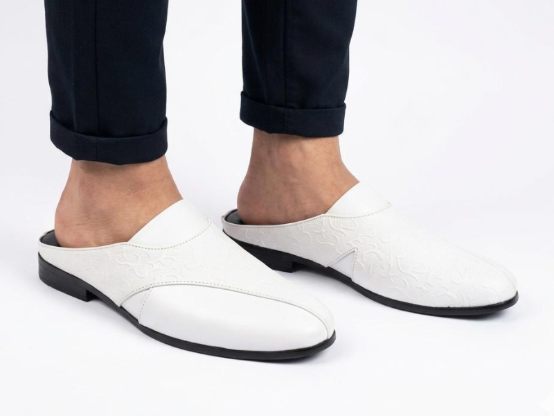 Black/White/Ck Backless Loafers — Emblem Leather Design 