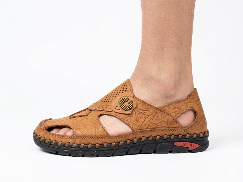 Premium Leather Men Brown Emblem Sandals Crinkled Leather Comfort