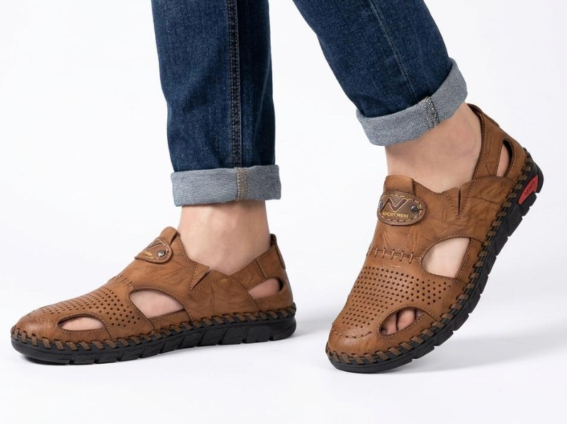 Premium Leather Men Brown Emblem Sandals Crinkled Leather Comfort