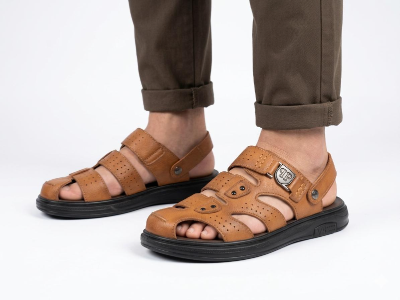 Brown Genuine Leather Sandals — Traditional Closed-Toe Design 