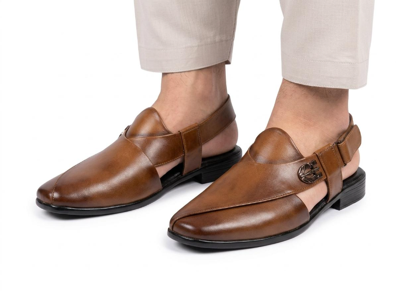  Men's Leather Peshawari Chappal Slingback Sandal with Metal Buckle, Tan & Black