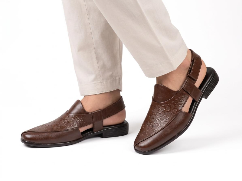  Men's Leather Peshawari Chappal  Slingback Sandal with Metal Buckle, Tan & Black