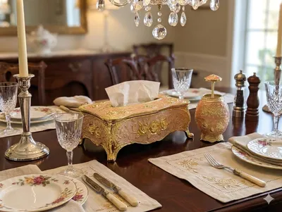 Blush Pink & Gold Rose Tissue Box Cover with Egg Toothpick Holder – Baroque Table Decor Set