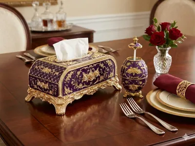 Royal Purple & Gold Tissue Box Cover with Egg-Shaped Toothpick Holder – Baroque Decor Set