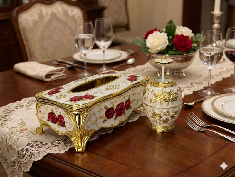 Ivory & Gold Rose Tissue Box Cover with Toothpick Holder – Luxury Dining Table Decor Set