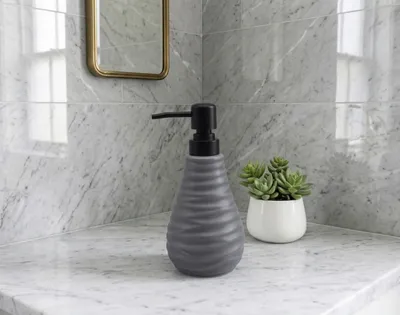  Wave-Ribbed Ceramic Soap Dispenser – Matte Black Pump, 3 Colors: Grey, White & Charcoal