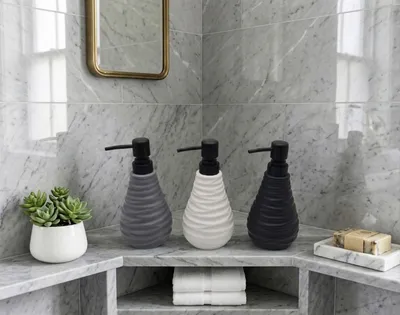  Wave-Ribbed Ceramic Soap Dispenser – Matte Black Pump, 3 Colors: Grey, White & Charcoal