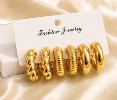 3 Pairs Retro Alloy C-Shape Hoop Earrings