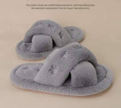 CROSS PLUSH SLIPPERS BOWS WINTER WARM FLAT