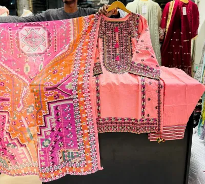 Pakistani Rangoon Stitched Cotton 3pcs _ Peach