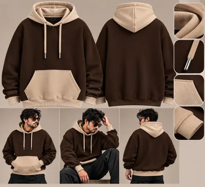 Trendy Contrast Hoodie – Dark Coffee & Beige