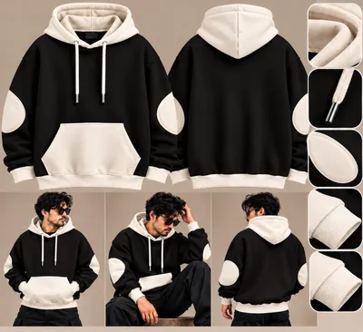 Urban Elbow-Patch Pullover Hoodie – Black & Cream