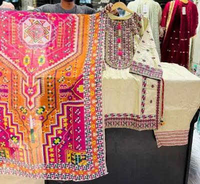 Pakistani Rangoon Stitched Cotton 3pcs _ Beige