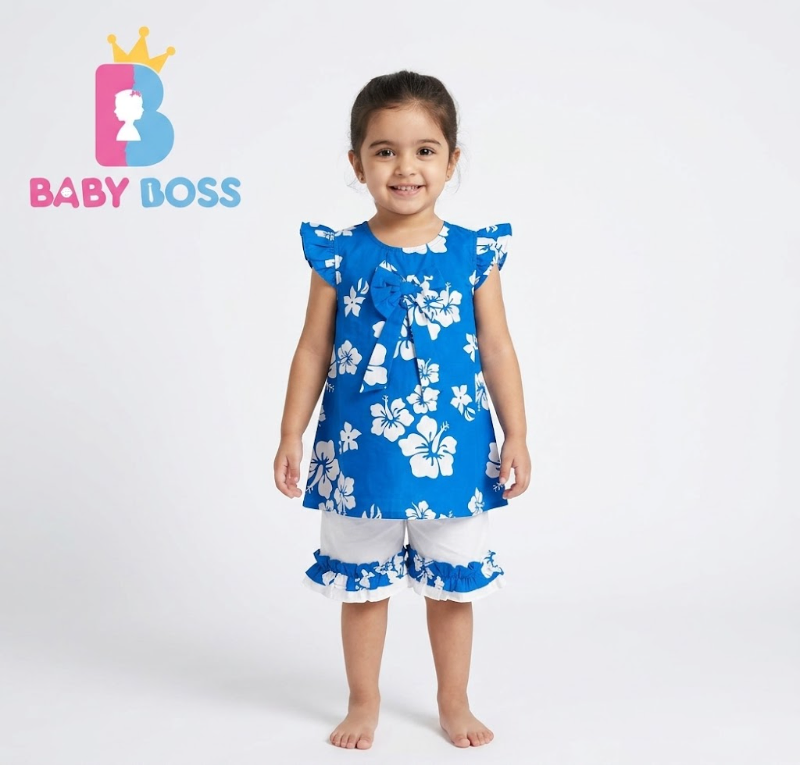 Girls' Blue Hibiscus Print Ruffle Top & Shorts Set