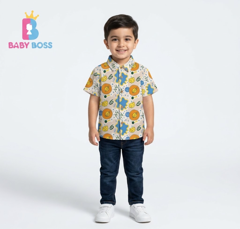 Boys' Saturn Planet & Abstract Print Short-Sleeve Seersucker Shirt