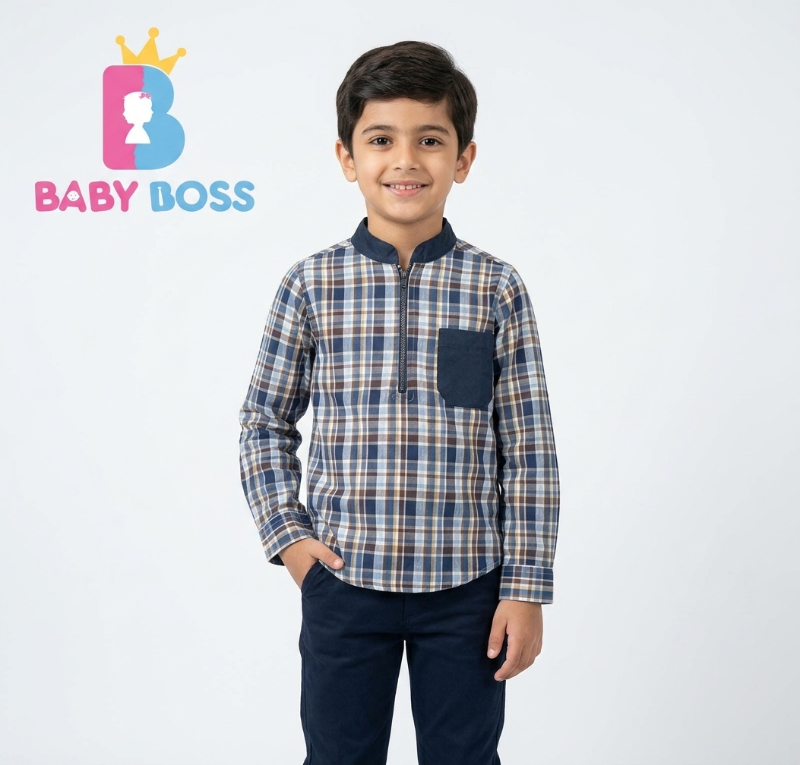 Boys' Contrast Band Collar Checkered Half-Zip Shirt