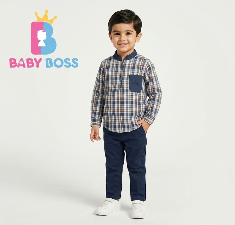 Boys' Contrast Band Collar Checkered Half-Zip Shirt