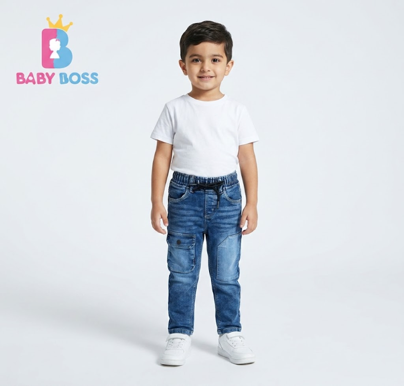 Boys' Washed Blue Cargo Denim Pants with Specific Patch Details
