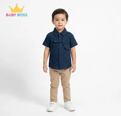 Baby Boss Premium Deep Blue Cloque Textured Button-Up Shirt for Boys
