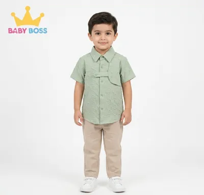 Baby Boss Premium Sage Green Cloque Textured Button-Up Shirt for Boys