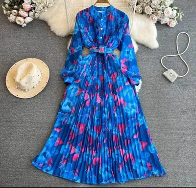 Floral Pleated Midi Dress with Waist Belt