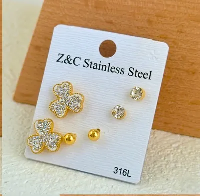 Stainless Steel Zircon Stud Earring Set ( 3 Pairs )