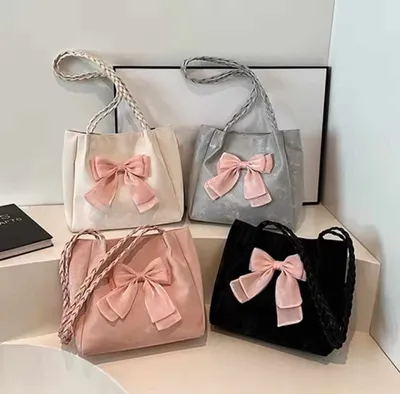 Casual Plain Bow Ribbon Braided Shoulder Tote Bag