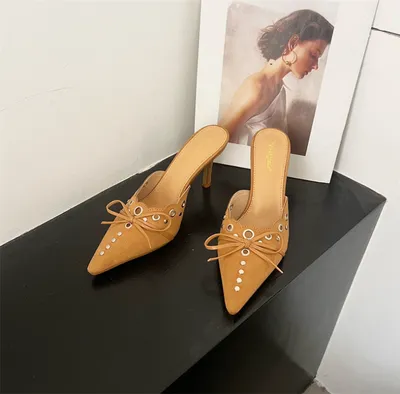 POINTED TOE BOW LACE HIGH-HEELED MULES