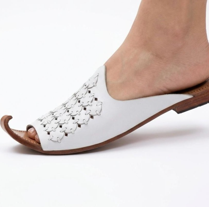 White/Brown Khussa Sandals —Handcrafted Leather with Floral Cut-Outs