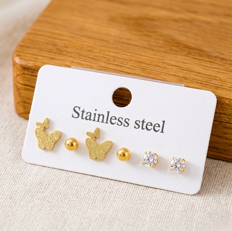 3 Pairs Stainless Steel Stud Earring Set