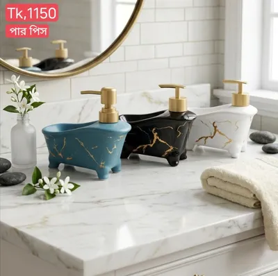 Ceramic Bathtub Soap Dispenser with Gold Marble Design Luxury Bathroom Decor