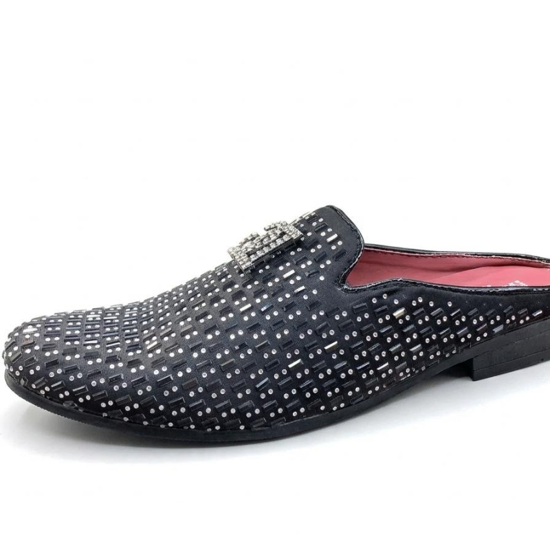 Black Studded Slip-On Shoes — Festive Buckle Design 