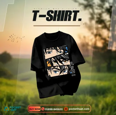 Premium "Triple Anime Gaze" Black Drop Shoulder T-Shirt – High-Density Otaku Streetwear