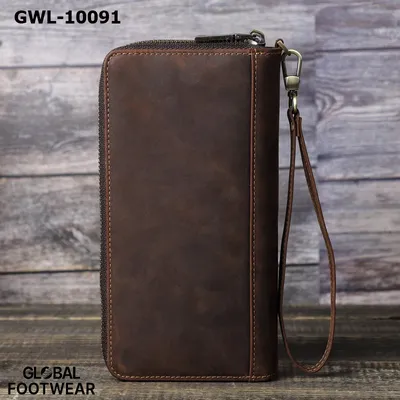 Genuine Leather Double Zipper Vintage Crazy Horse Men's Long Wallet