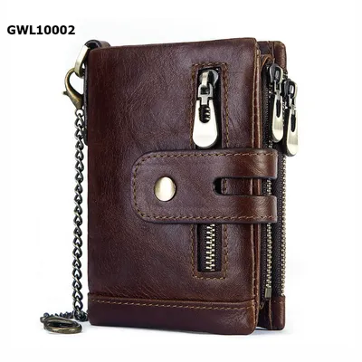 Genuine Leather Rfid Anti-Theft Multi-Zipper Coin Pocket Wallet