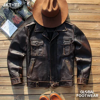 Men's British Style Genuine Leather Retro Yellow Slim Fit Short Jacket
