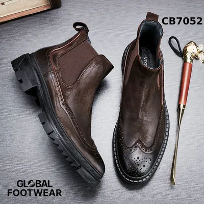 Men’s Genuine Leather Retro Brogue Fleece-Lined Platform Chelsea Boots