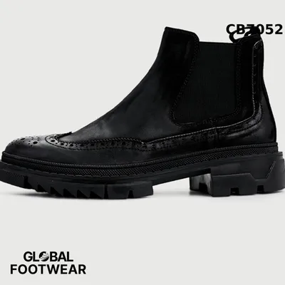 Men’s Genuine Leather Retro Brogue Fleece-Lined Platform Chelsea Boots