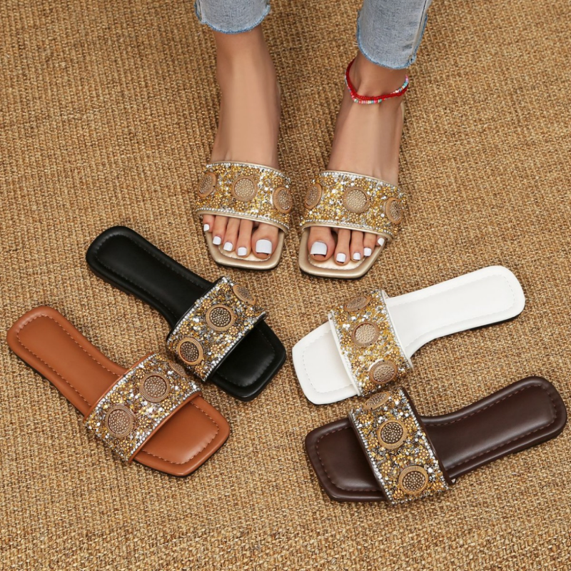 BOHEMIAN STYLE, RHINESTONE FLAT SLIPPERS US1000-83G