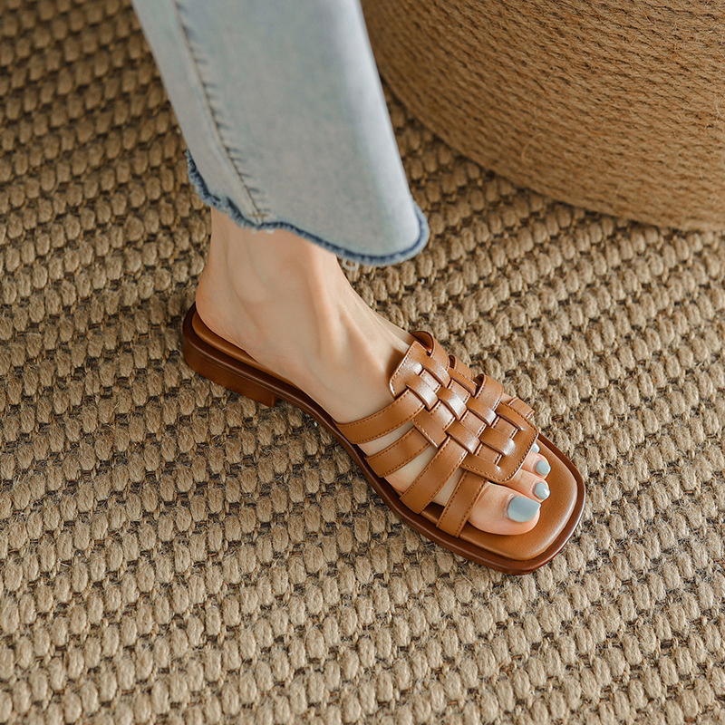 RETRO  OUTDOOR FLAT-BOTTOMED ULTRA-FINE SOFT LEATHER SLIPPERS 0223Br
