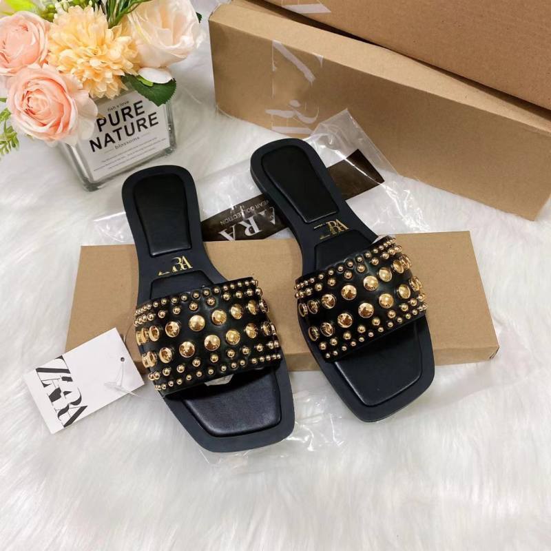 METAL RIVET DECORATION SQUARE TOE SLIPPERS US1000-100B